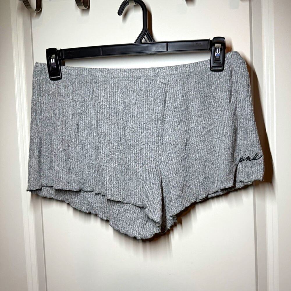 PINK Women's Gray Ribbed Knit Ruffle Hem Sleep Shorts Size S Cotton Blend